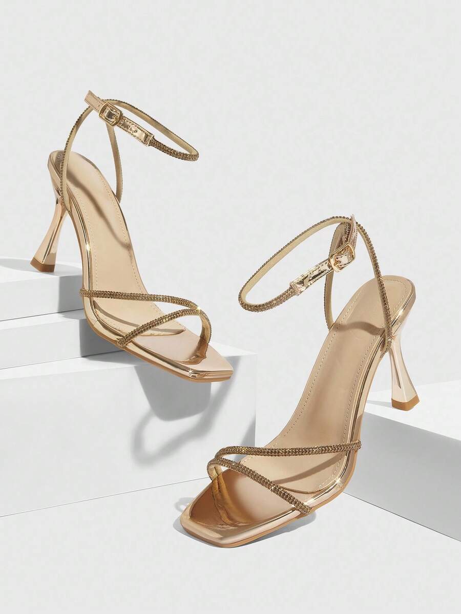 Champagne rhinestone square toe high heel sandals with open toe and ankle strap