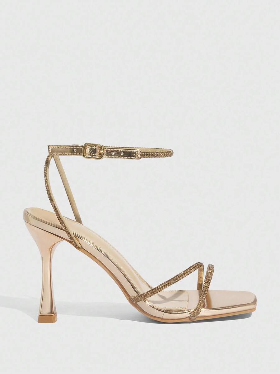 Champagne rhinestone square toe high heel sandals with open toe and ankle strap