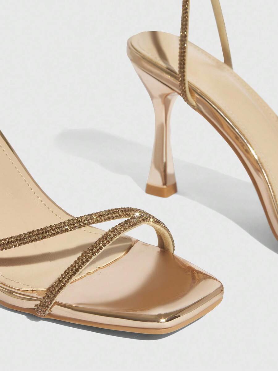 Champagne rhinestone square toe high heel sandals with open toe and ankle strap