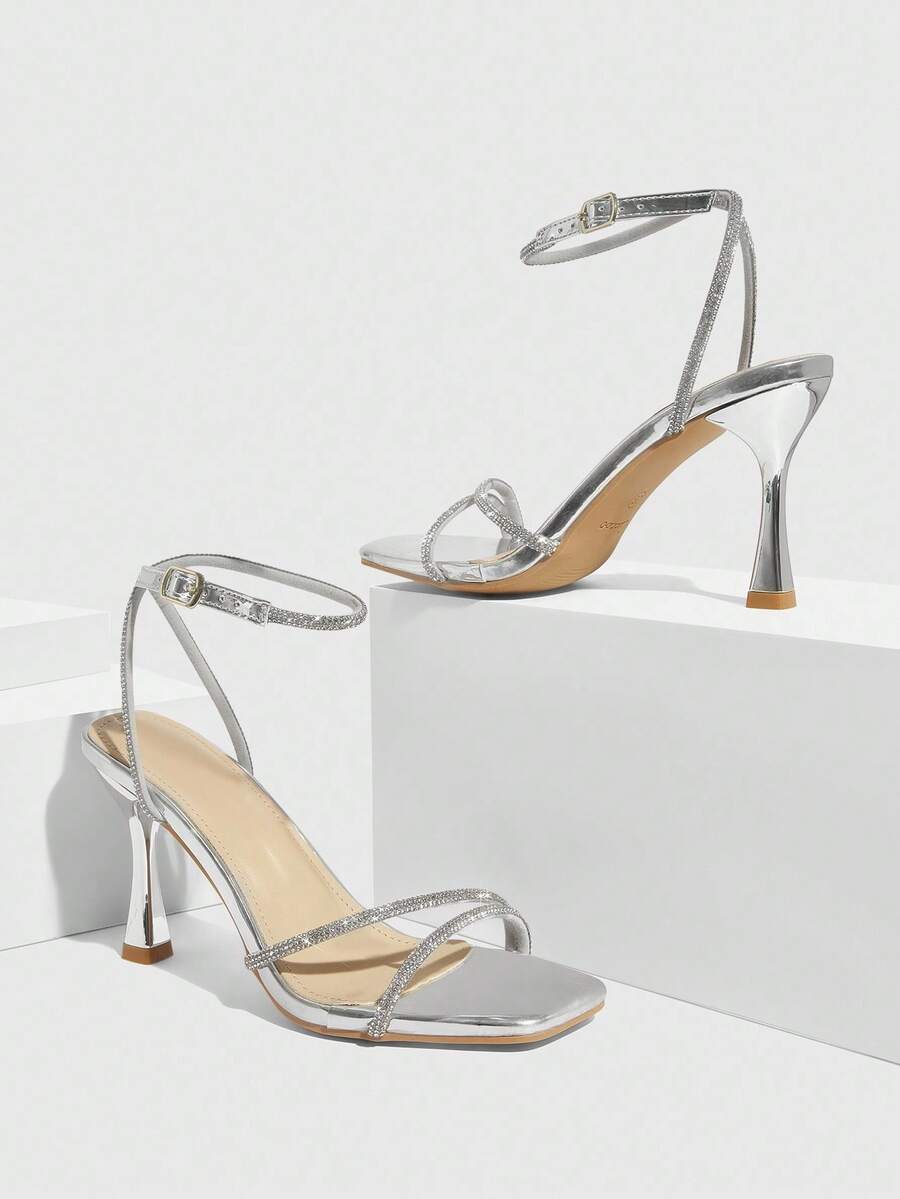 Champagne rhinestone square toe high heel sandals with open toe and ankle strap