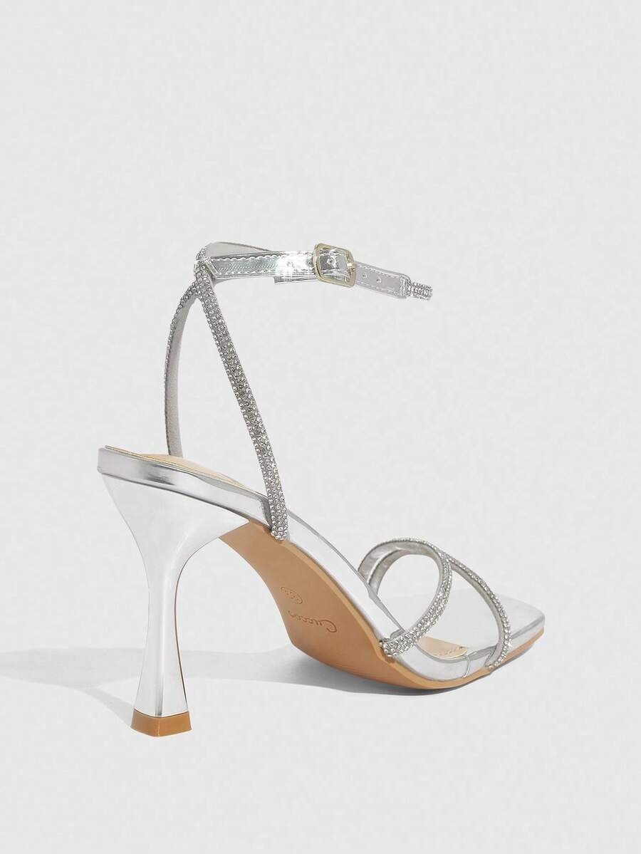Champagne rhinestone square toe high heel sandals with open toe and ankle strap
