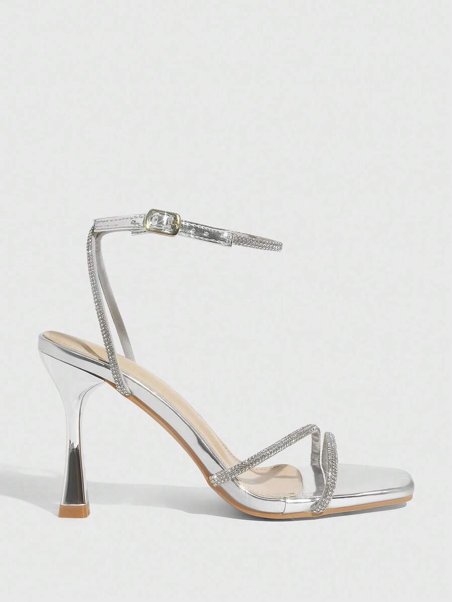 Champagne rhinestone square toe high heel sandals with open toe and ankle strap