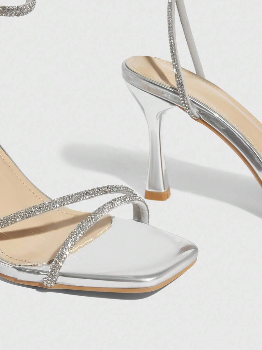 Champagne rhinestone square toe high heel sandals with open toe and ankle strap