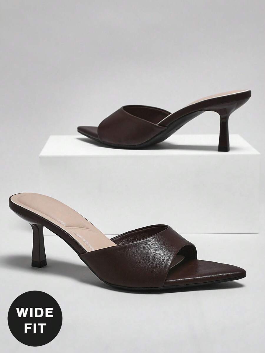 Women's wide-fit stiletto heel sandals in glossy patent PU with a sleek point toe design
