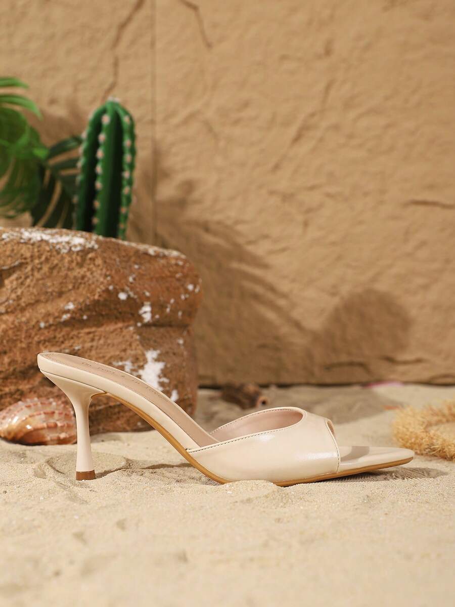Women's elegant open toe high heel slip-on mules sandals with strap detail and stiletto heel