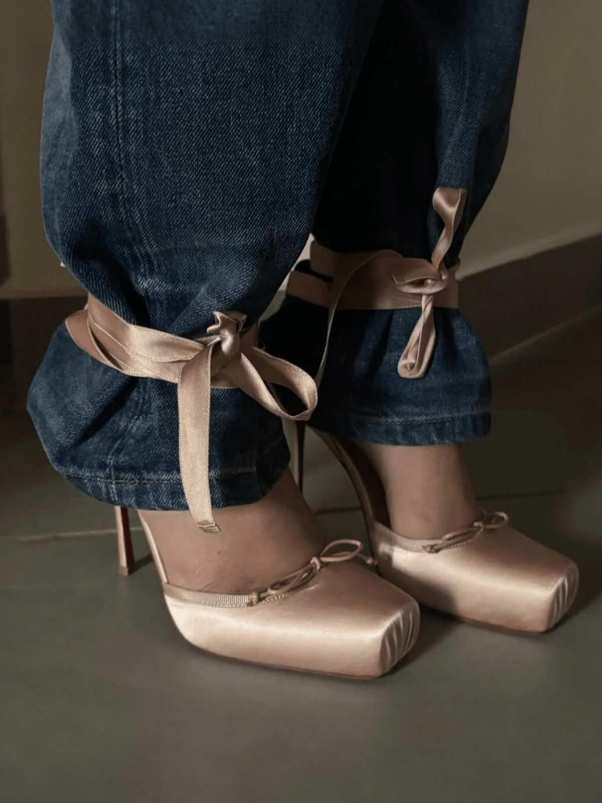 Women's square toe satin ballet stiletto heels with lace-up straps and bow detail.