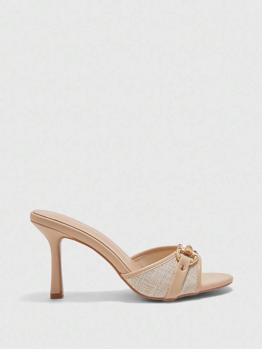 Women's beige high heel mule sandals with open round toe and metal chain detail