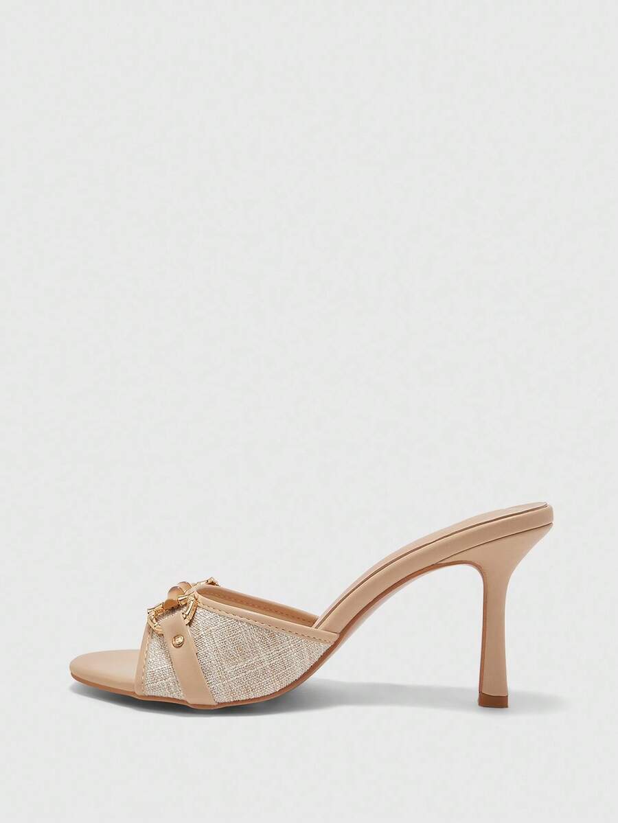 Women's beige high heel mule sandals with open round toe and metal chain detail
