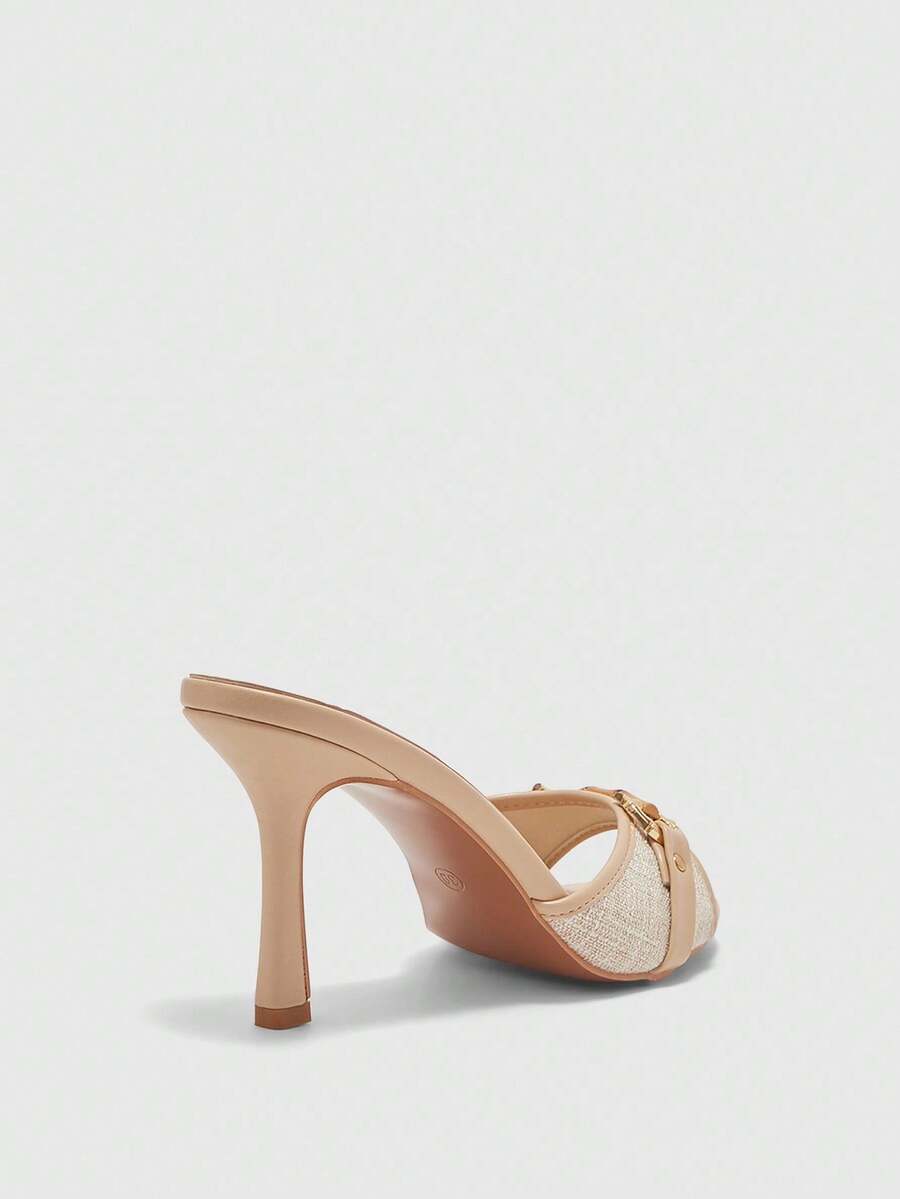 Women's beige high heel mule sandals with open round toe and metal chain detail