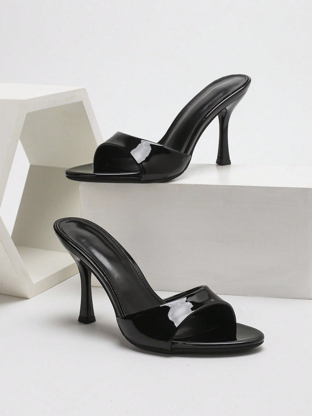 Women's open toe PU leather high heel mule sandals with stiletto heel and cut out design