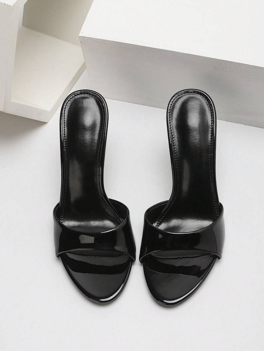Women's open toe PU leather high heel mule sandals with stiletto heel and cut out design