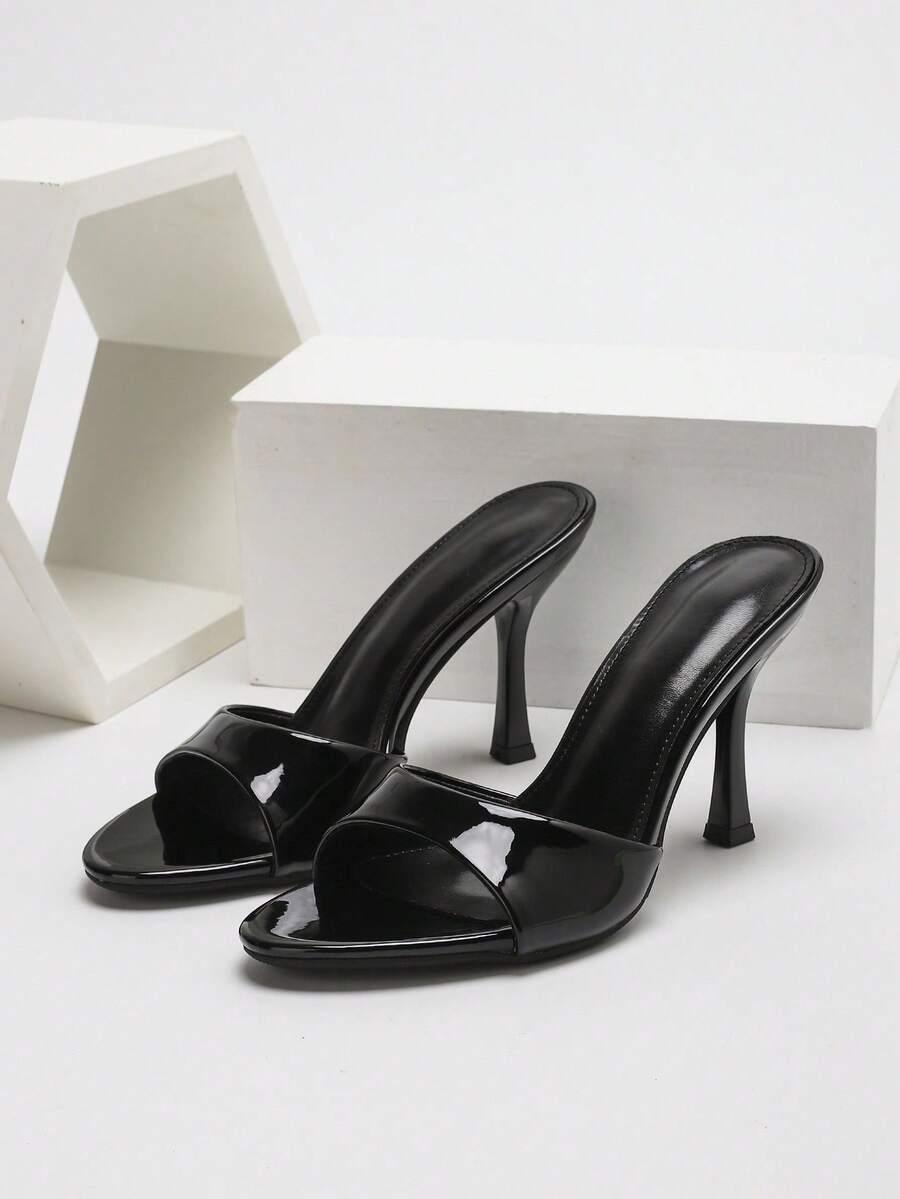 Women's open toe PU leather high heel mule sandals with stiletto heel and cut out design