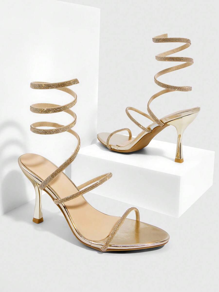 Women's sparkling rhinestone snake wrap stiletto high heel party sandals with open toe design