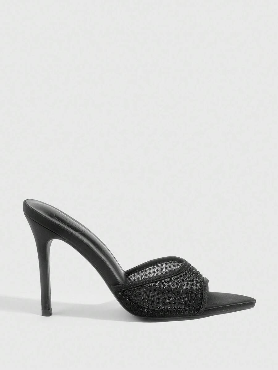 Women's black high heel sandals featuring contrast mesh upper, rhinestone embellishments, and a stiletto heel.