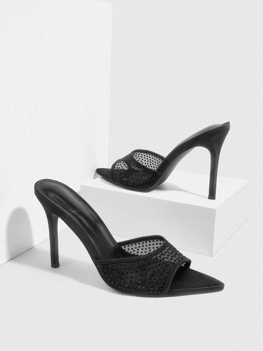 Women's black high heel sandals featuring contrast mesh upper, rhinestone embellishments, and a stiletto heel.
