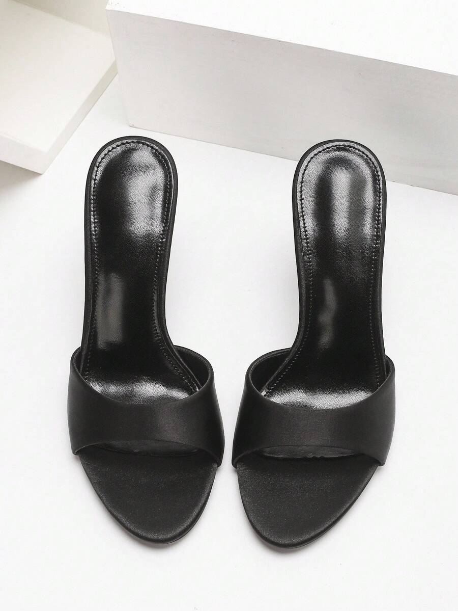 Women's open toe high heel sandals with slingback strap and sleek stiletto heel in smooth PU leather.