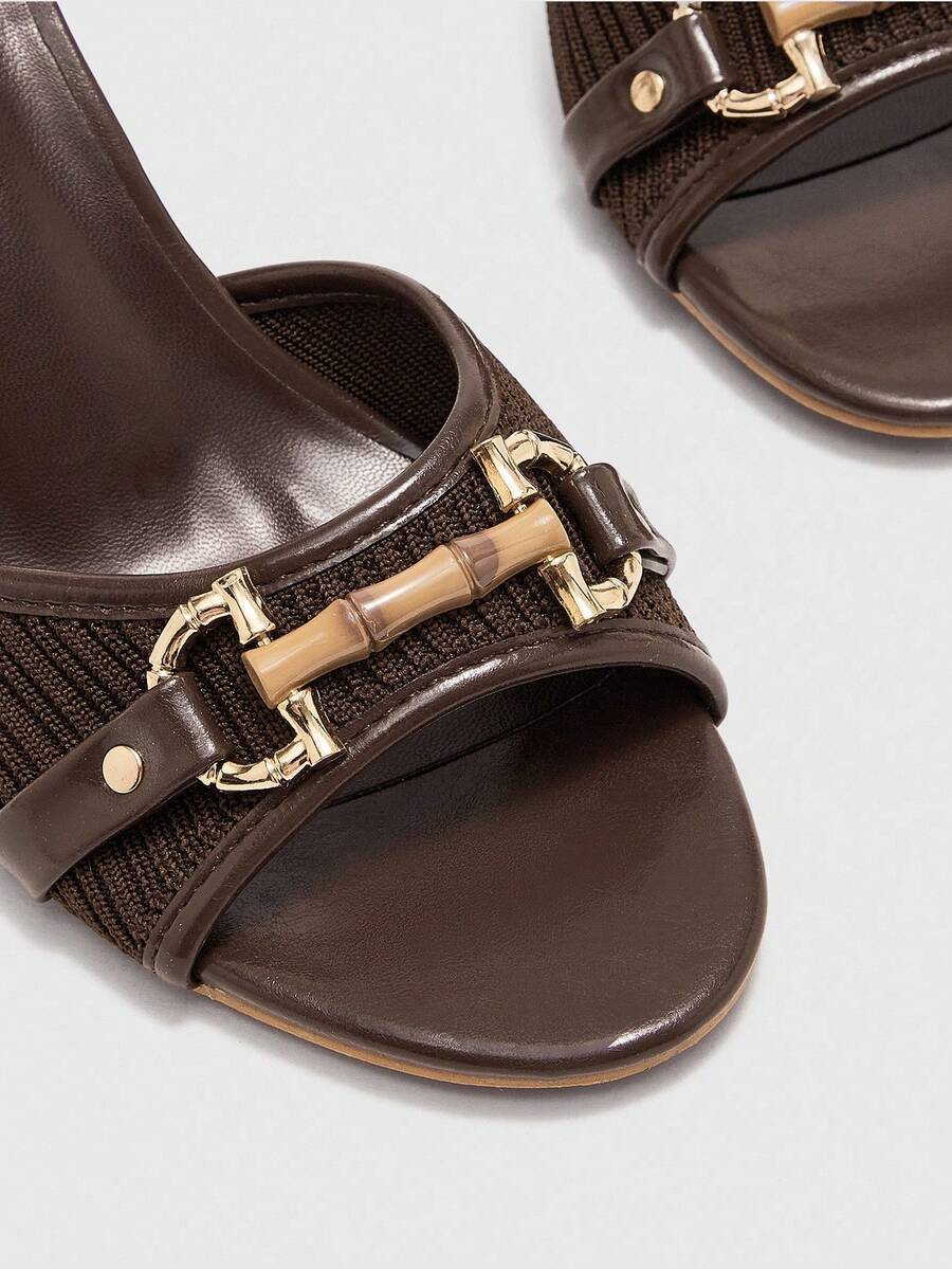 Women's beige high heel mule sandals with open round toe and metal chain detail