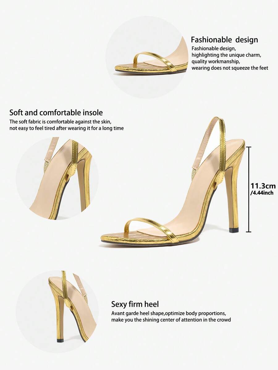 Women's stiletto high heel sandals with round open toe and back ankle strap in solid finish.