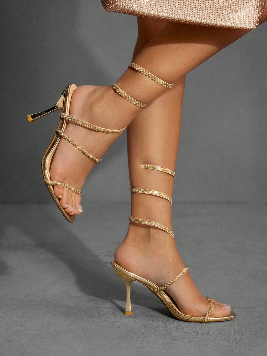 Women's sparkling rhinestone snake wrap stiletto high heel party sandals with open toe design