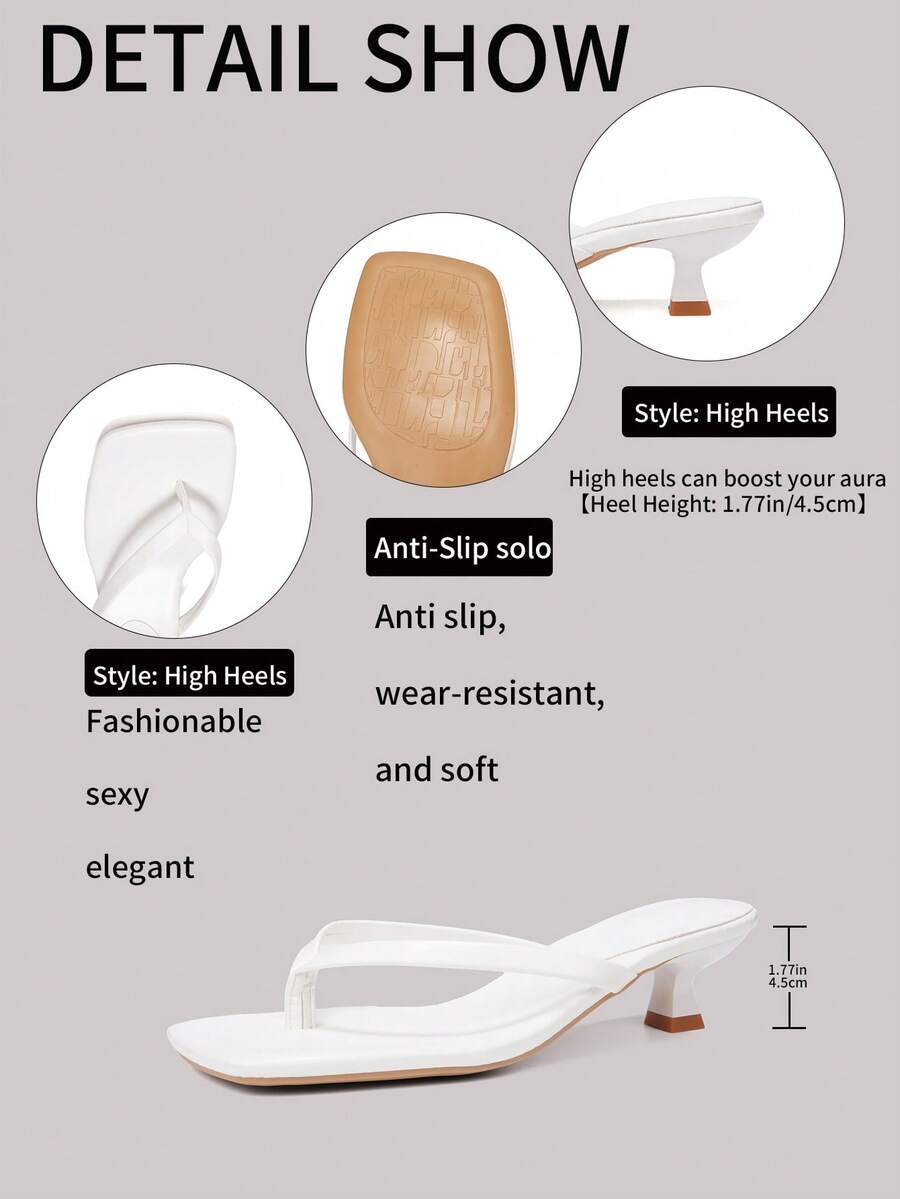 Women's slip-on kitten high heel sandals featuring a square toe and toe post thong design in solid PU leather.