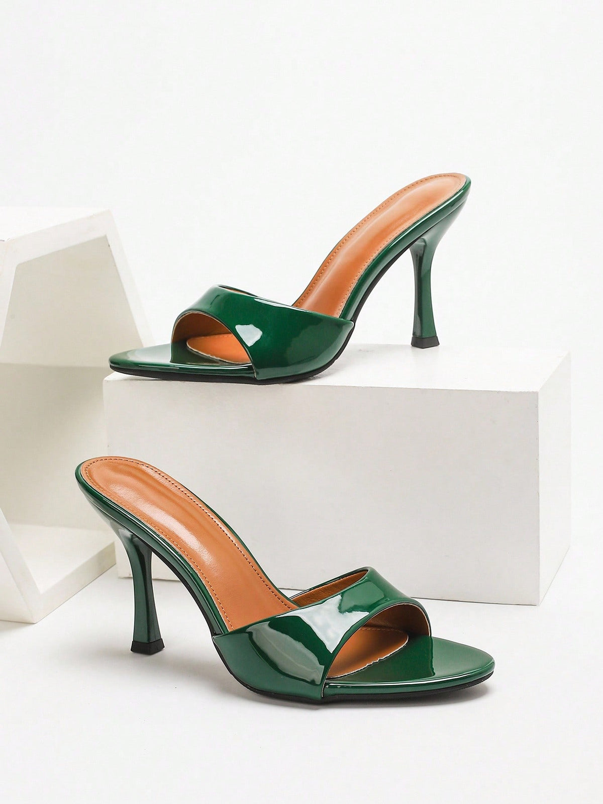 Women's open toe PU leather high heel mule sandals with stiletto heel and cut out design