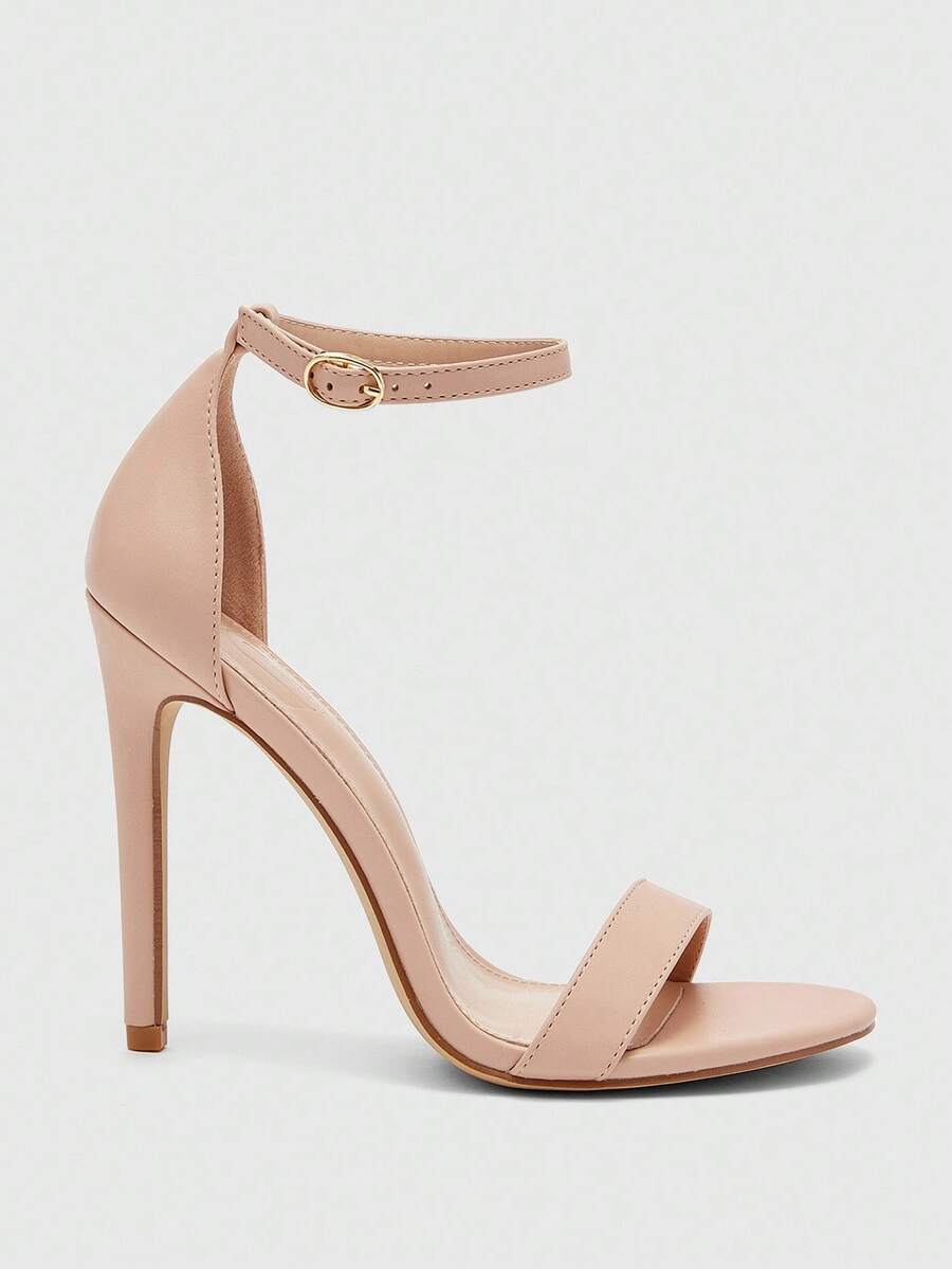 Women's stiletto sandals featuring an ankle strap buckle closure and classic round open toe design.