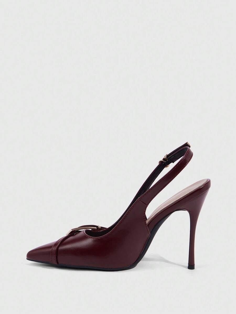 Pointed toe slingback high heel pumps with back strap and butterfly accent in PU leather