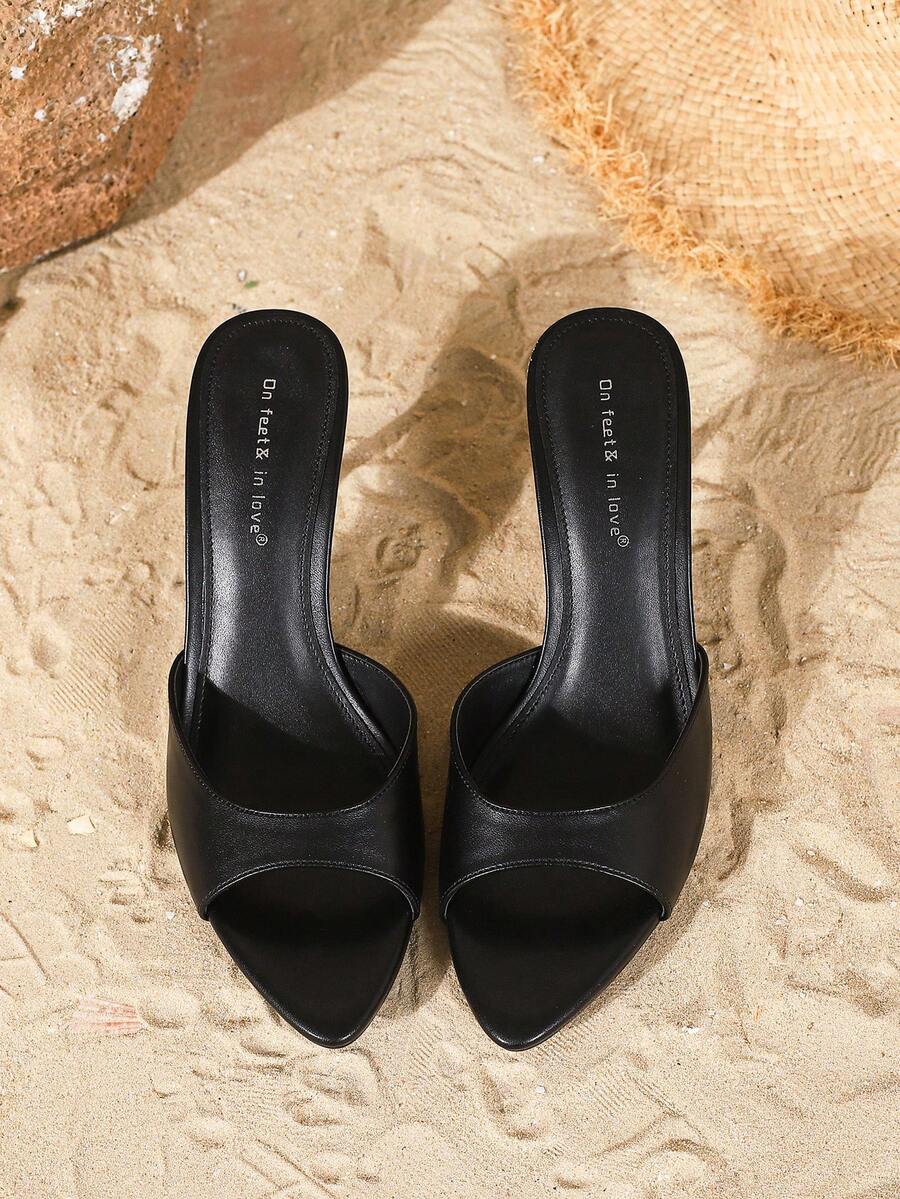 Women's elegant open toe high heel slip-on mules sandals with strap detail and stiletto heel