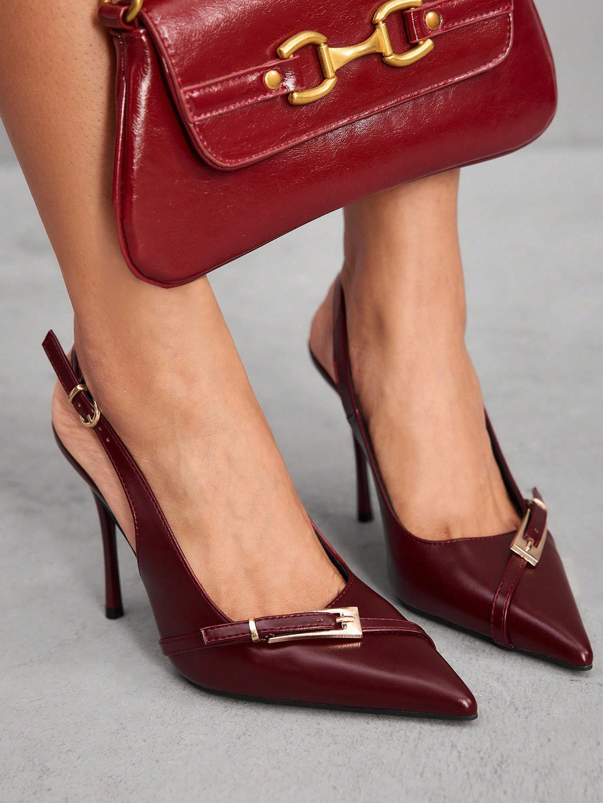 Pointed toe slingback high heel pumps with back strap and butterfly accent in PU leather