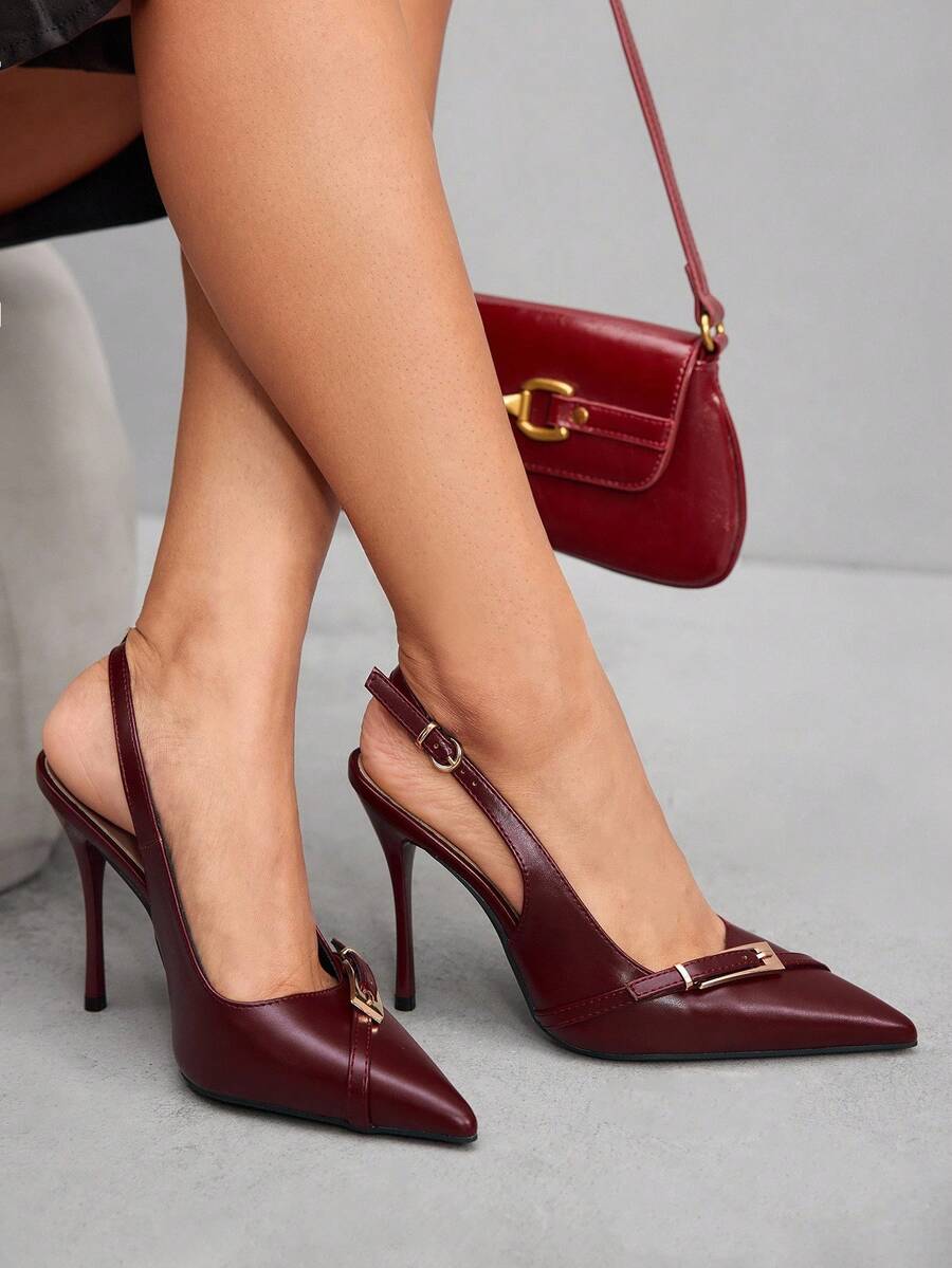 Pointed toe slingback high heel pumps with back strap and butterfly accent in PU leather