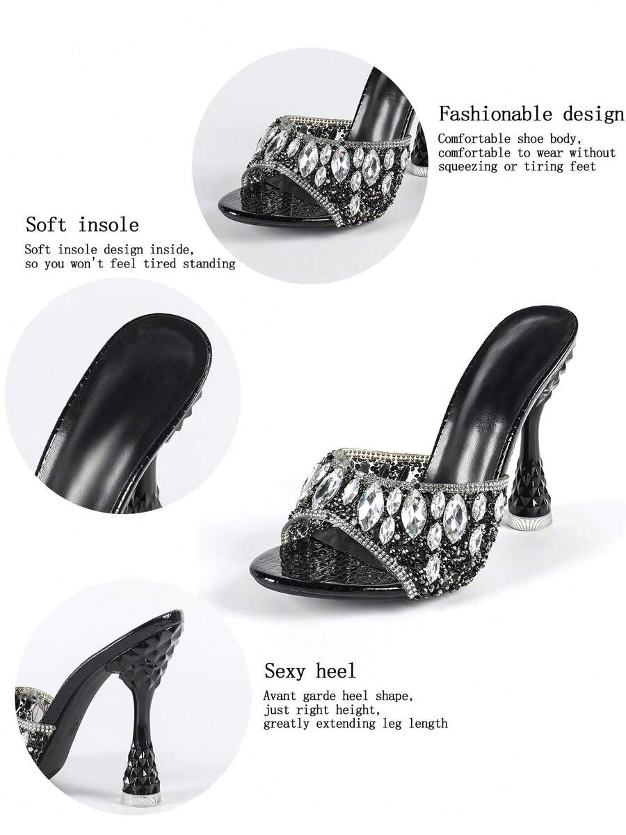 Women's metallic-plated high heeled sandals with shining rhinestone accents, sculptural stiletto heel, and open round toe.