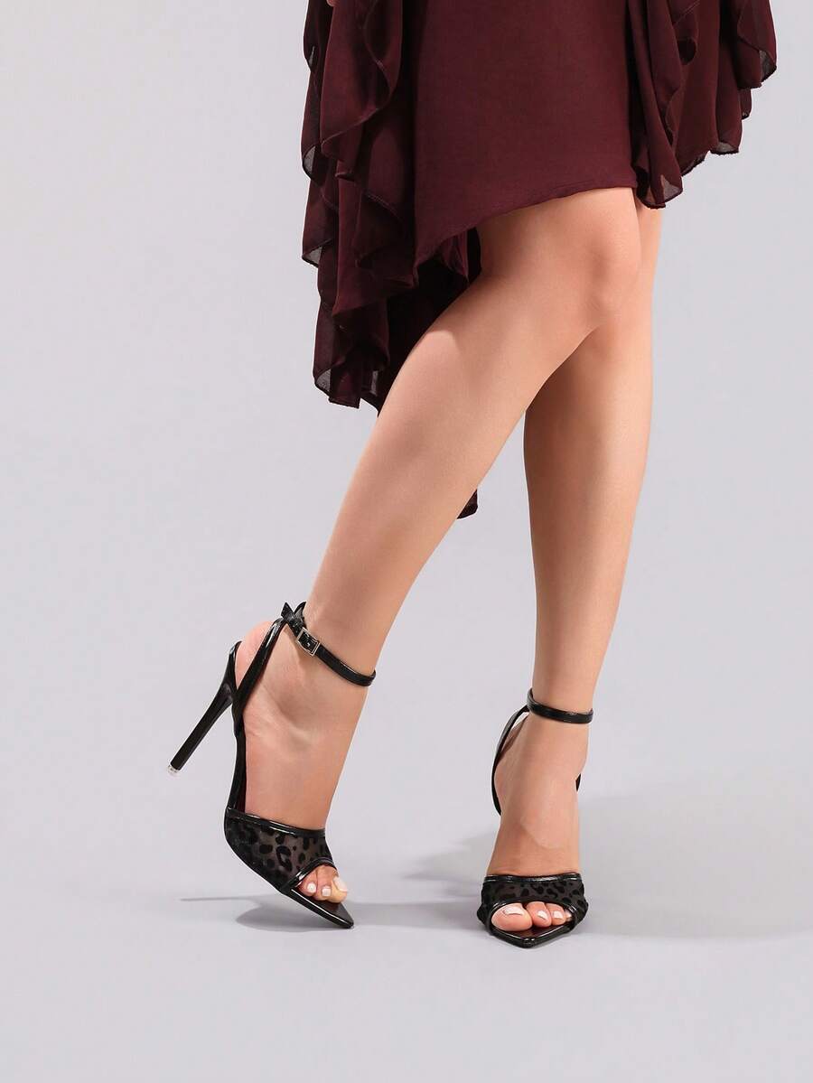 Lace stiletto high heel sandals with pointed open toe, ankle strap buckle, and bow detail