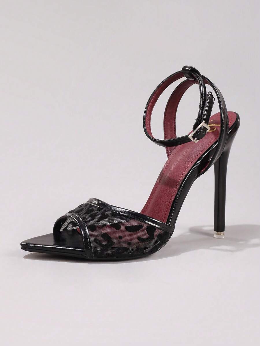 Lace stiletto high heel sandals with pointed open toe, ankle strap buckle, and bow detail