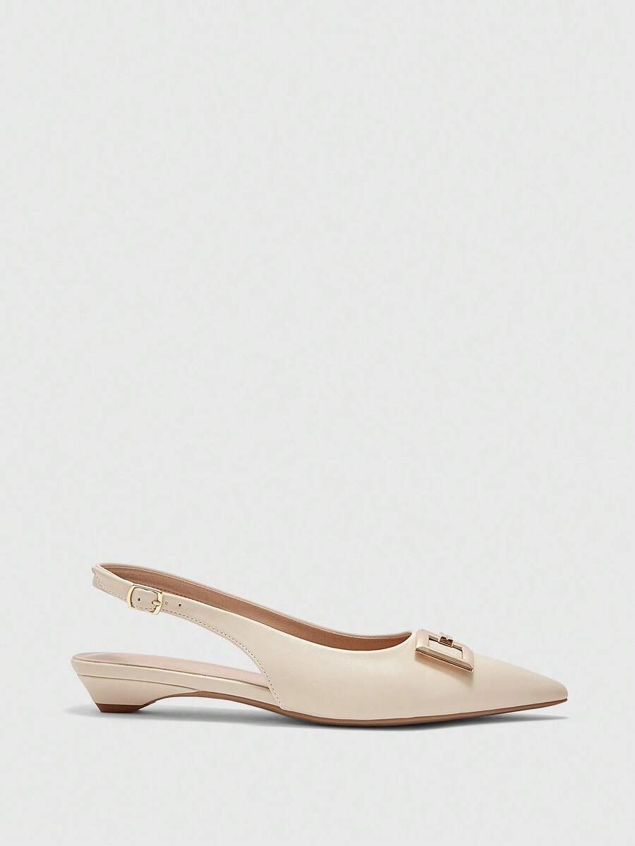 Women's pointed toe low wedge flat shoes crafted in PU leather with a slingback strap and stylish metal buckle detail.