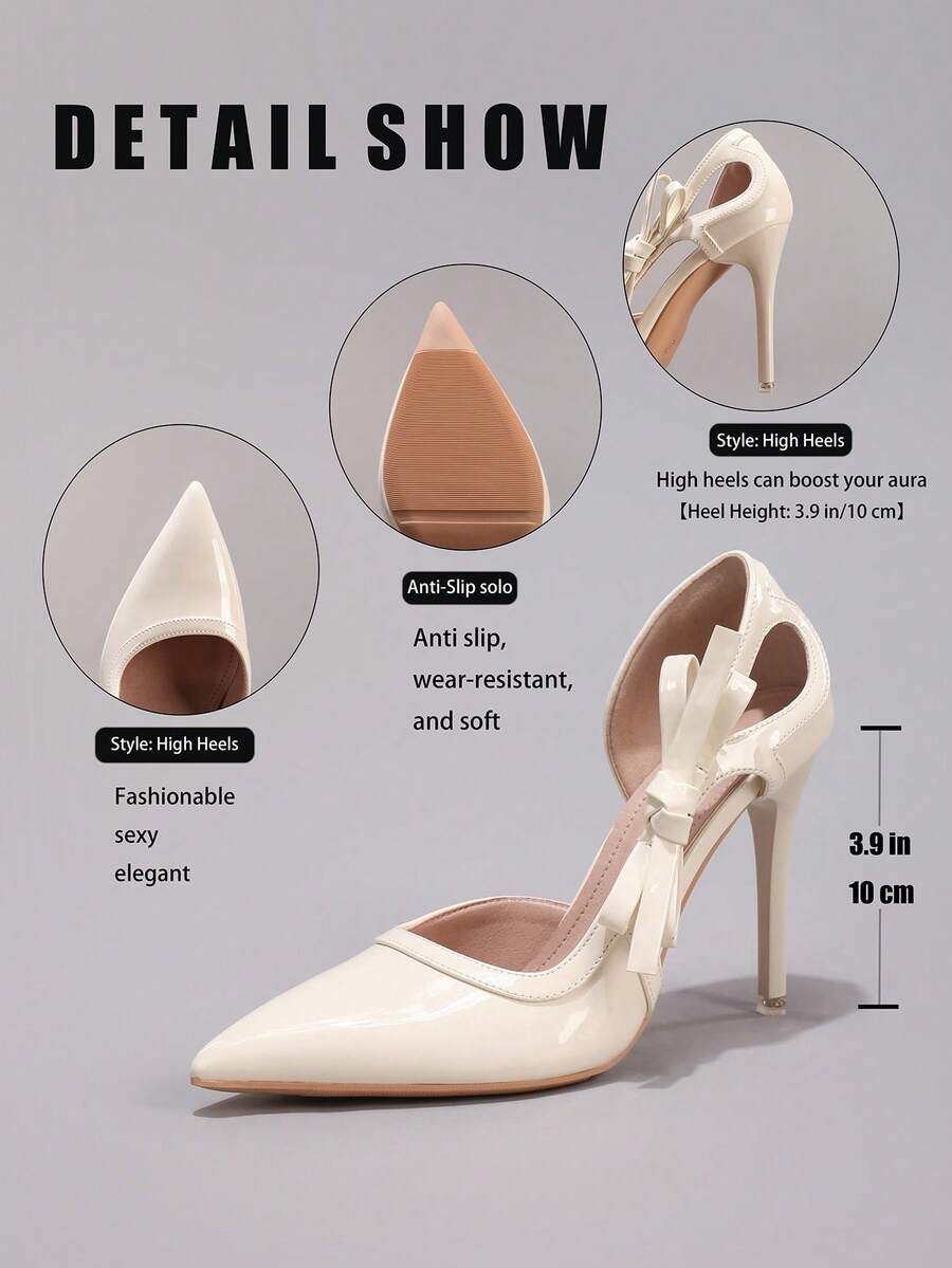 Lace embroidered high heels with thin stiletto heel, pointed toe, rhinestone embellishments, and ankle strap buckle closure.