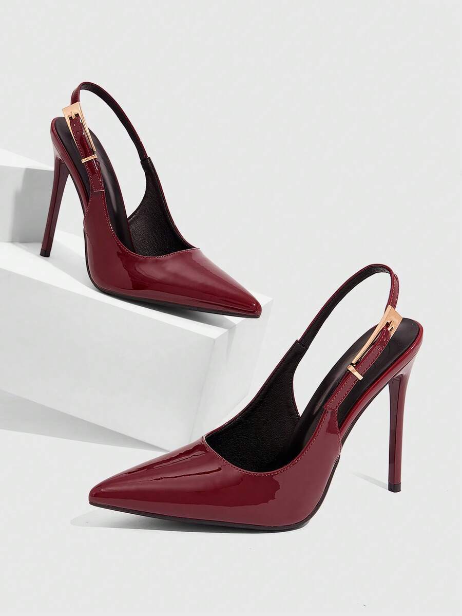 Pointed toe stiletto high heel evening party pumps featuring an ankle strap with buckle closure.