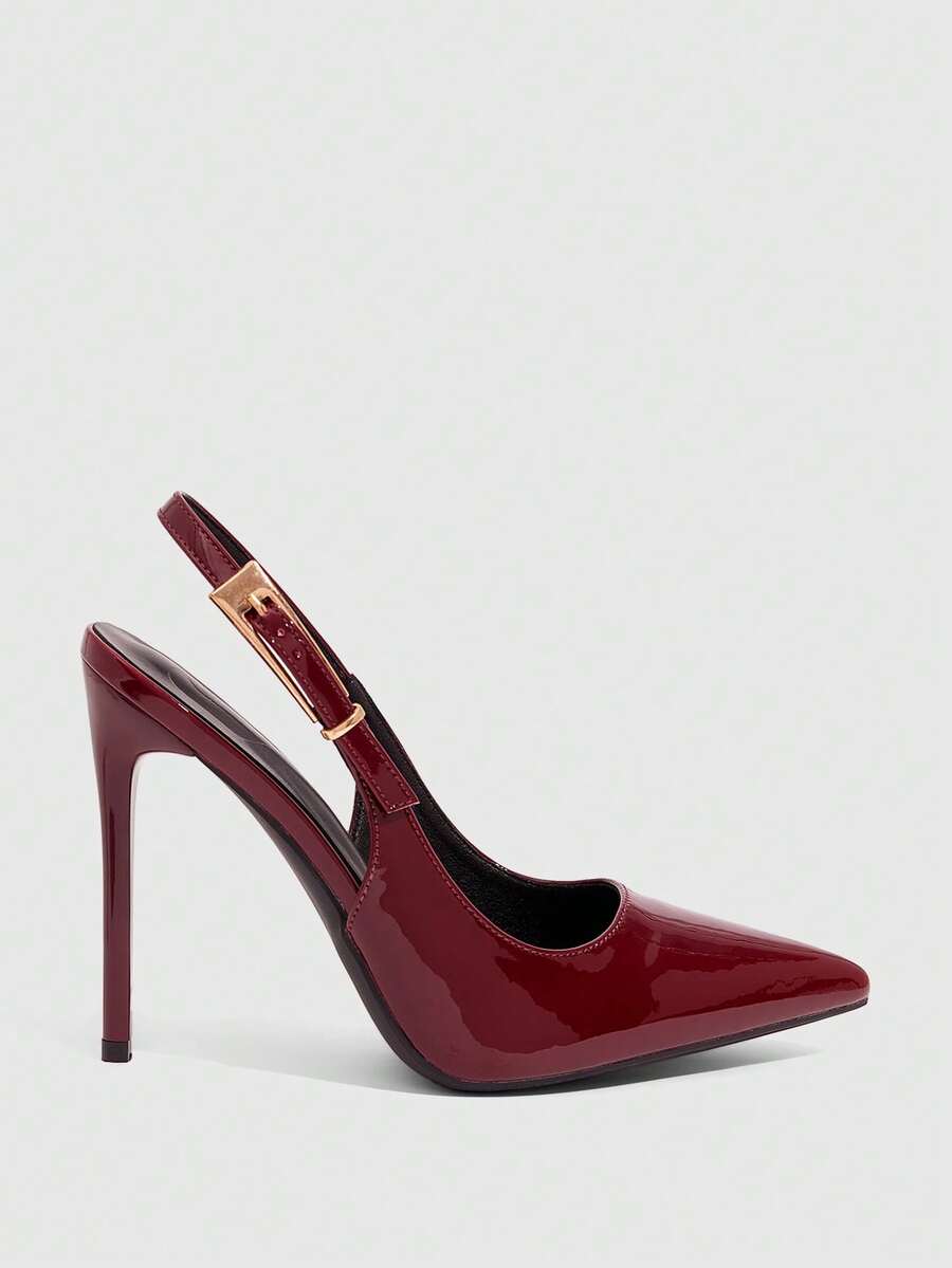 Pointed toe stiletto high heel evening party pumps featuring an ankle strap with buckle closure.