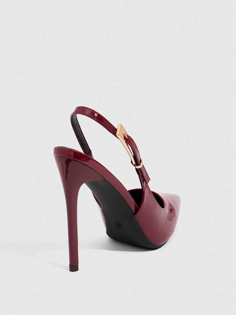 Pointed toe stiletto high heel evening party pumps featuring an ankle strap with buckle closure.