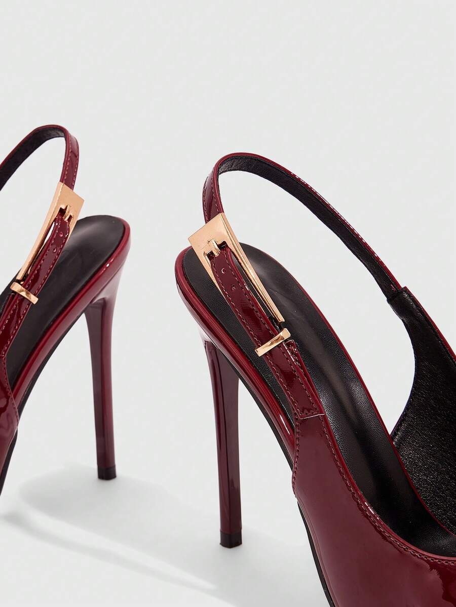 Pointed toe stiletto high heel evening party pumps featuring an ankle strap with buckle closure.