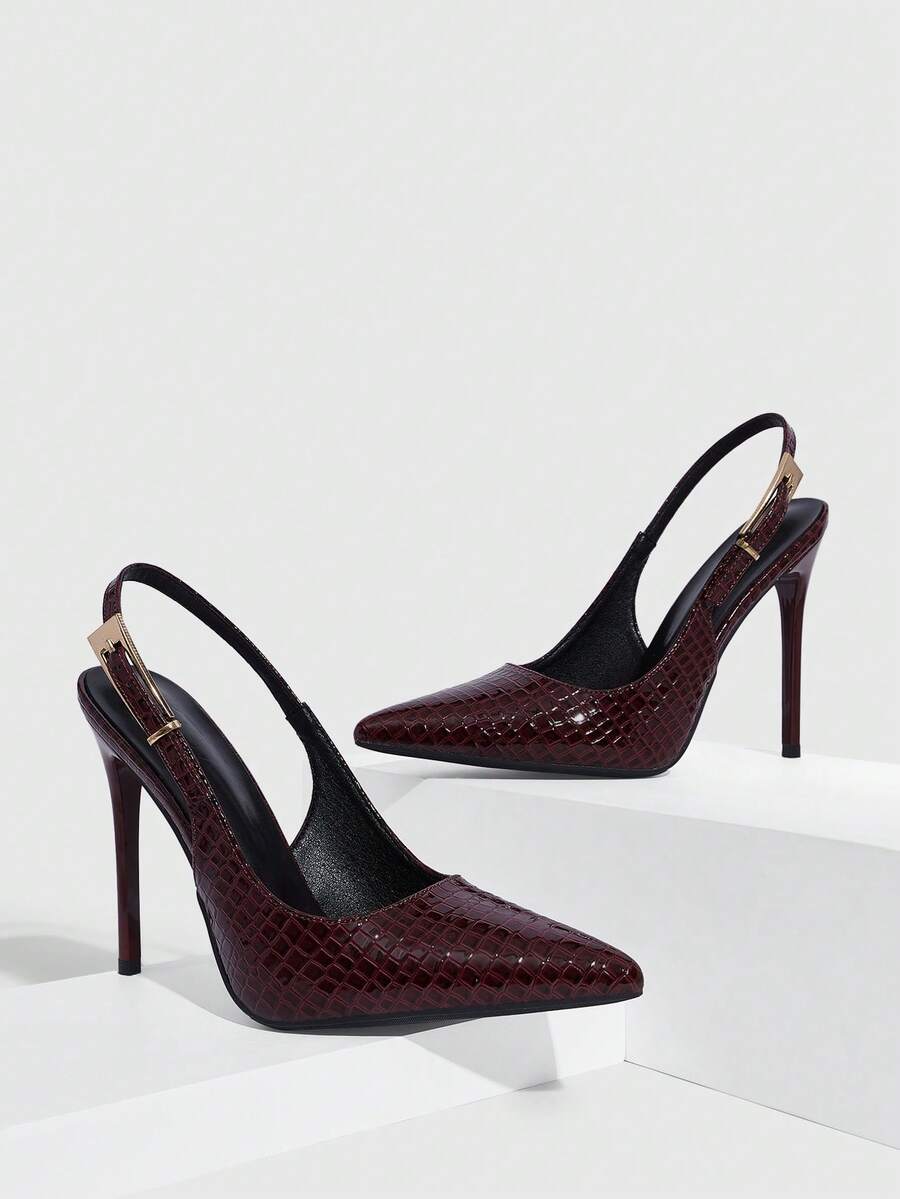 Pointed toe stiletto high heel evening party pumps featuring an ankle strap with buckle closure.