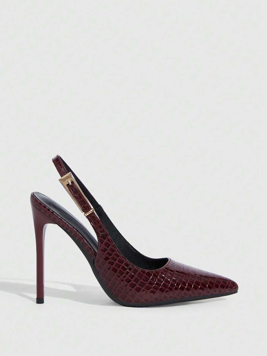 Pointed toe stiletto high heel evening party pumps featuring an ankle strap with buckle closure.