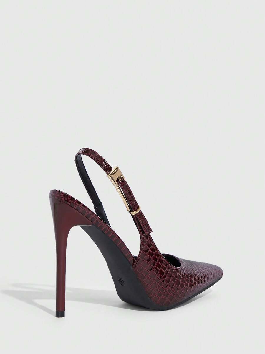 Pointed toe stiletto high heel evening party pumps featuring an ankle strap with buckle closure.