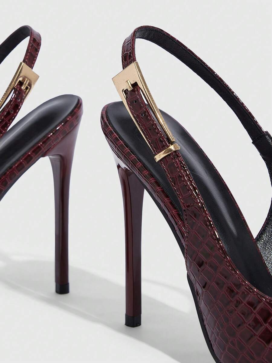 Pointed toe stiletto high heel evening party pumps featuring an ankle strap with buckle closure.