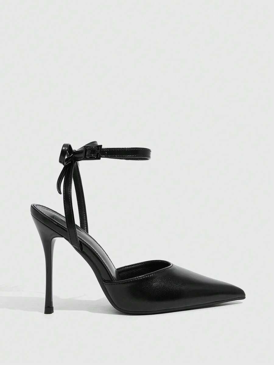 Women's pointed toe ankle strap stiletto high heel pumps featuring smooth PU leather and delicate buckle closure