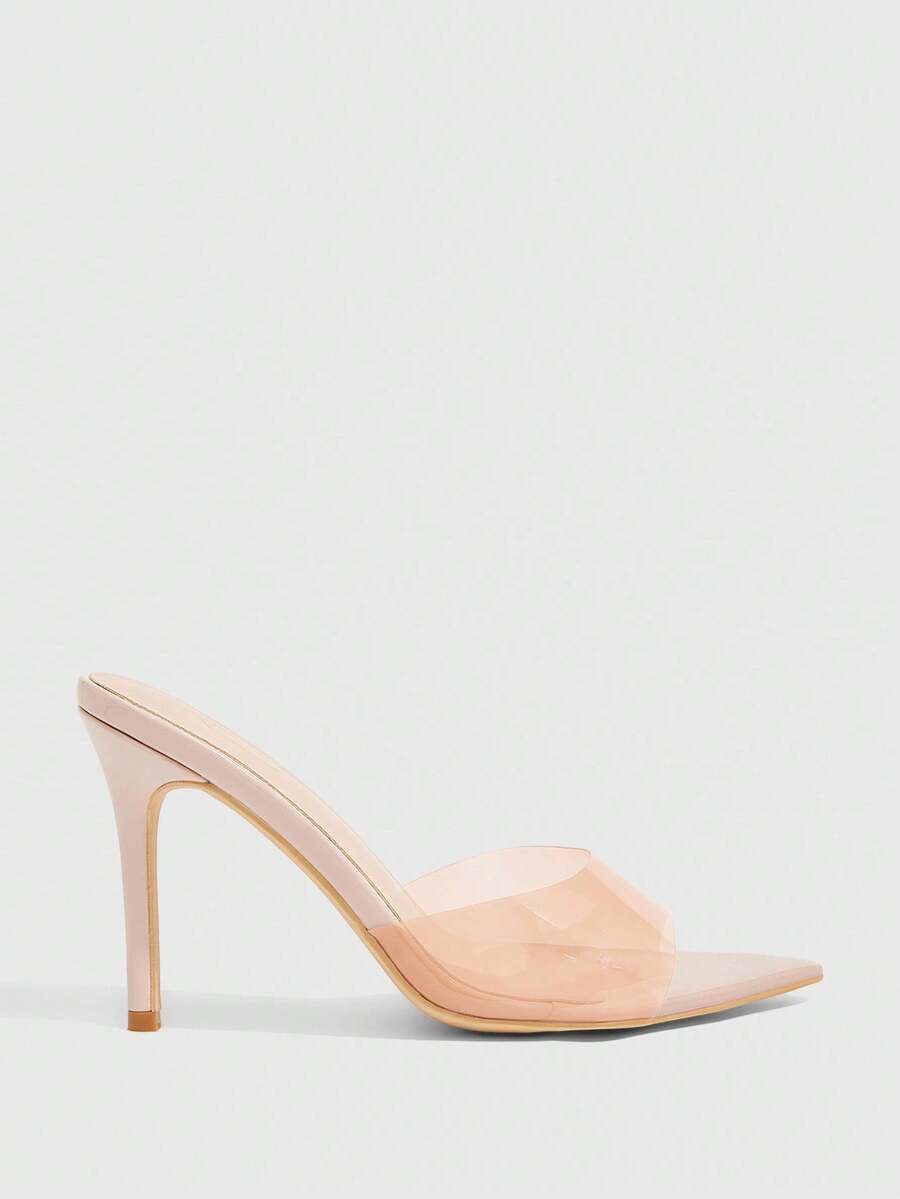 Women's black high heel sandals featuring contrast mesh upper, rhinestone embellishments, and a stiletto heel.