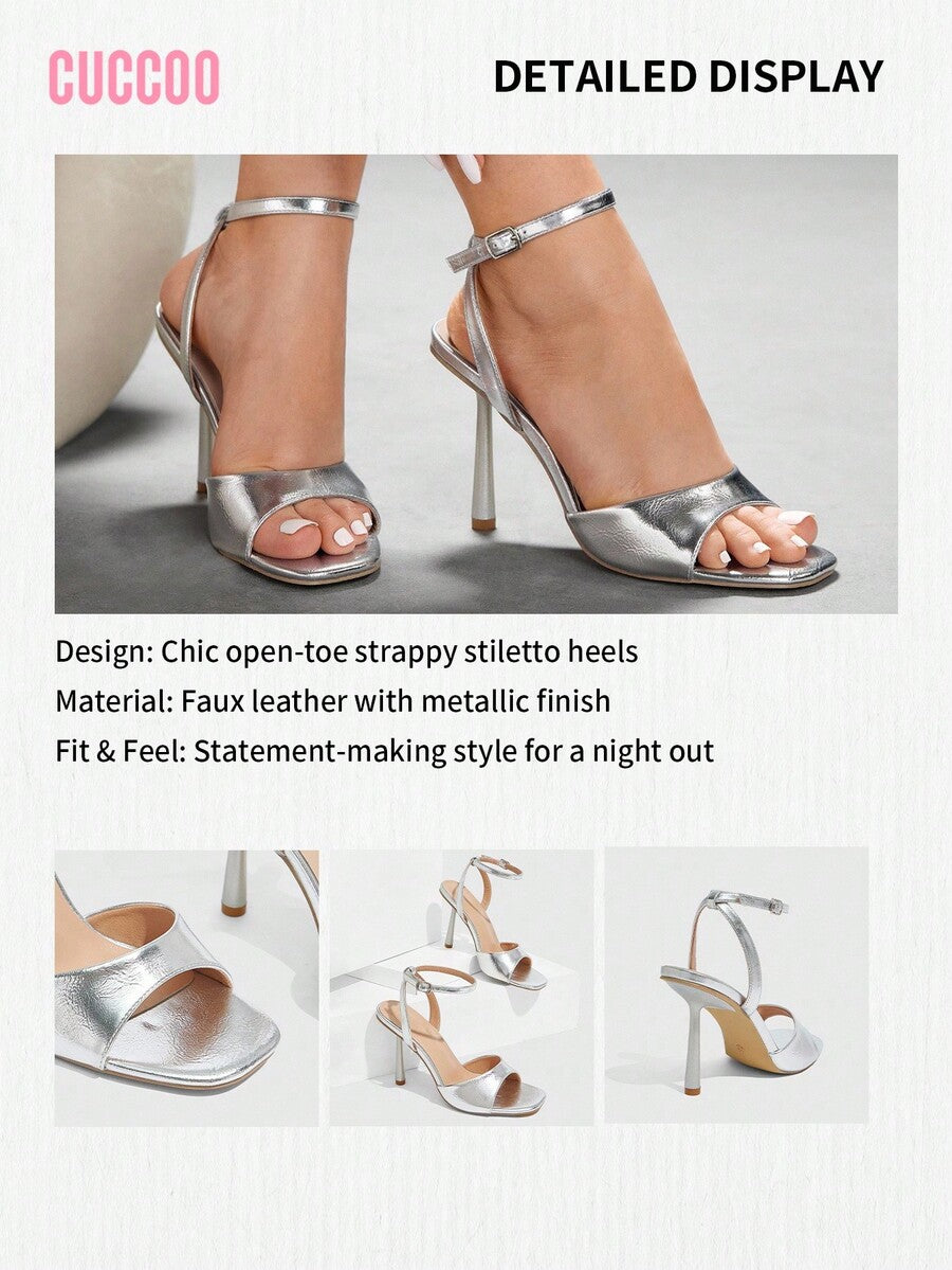 Women's square toe stiletto high heel sandals featuring an open toe design and ankle strap buckle closure.