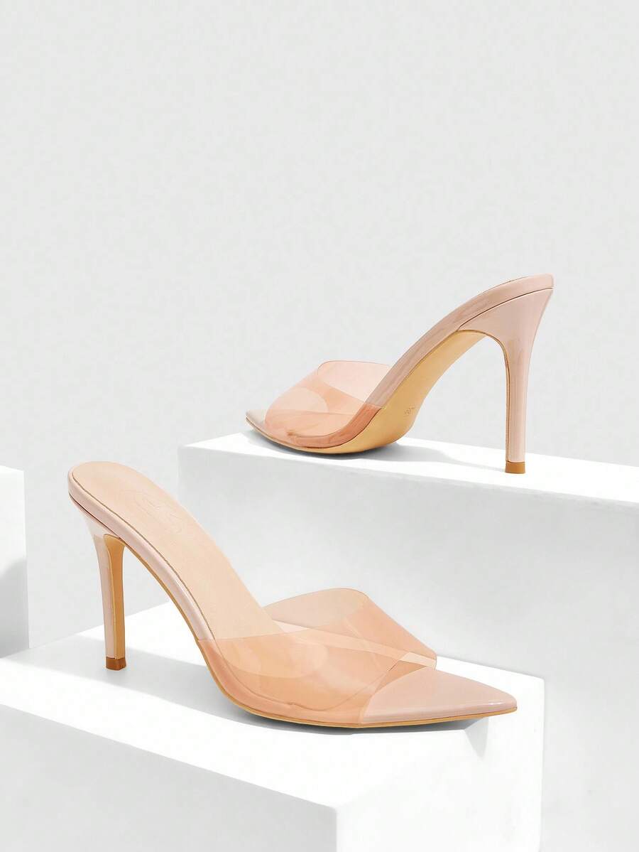Women's black high heel sandals featuring contrast mesh upper, rhinestone embellishments, and a stiletto heel.