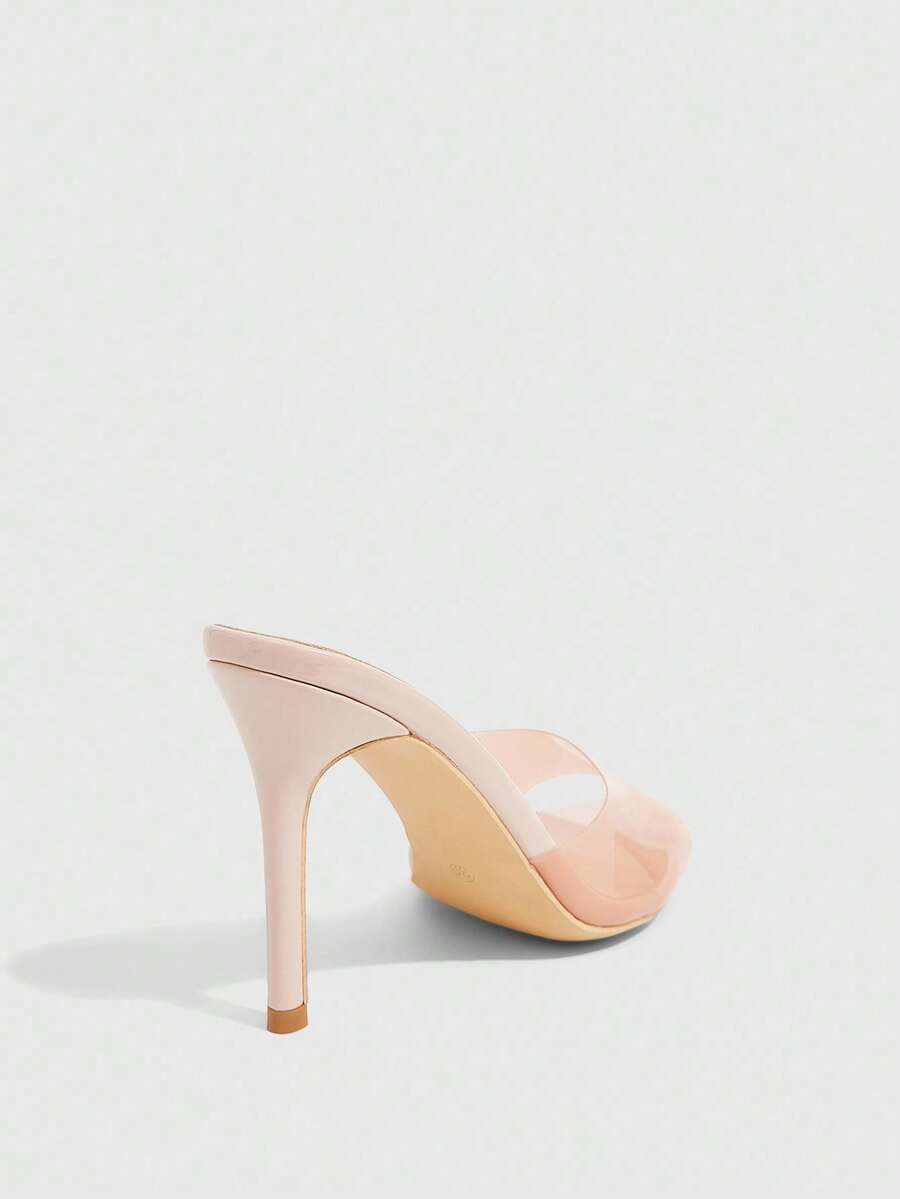 Women's black high heel sandals featuring contrast mesh upper, rhinestone embellishments, and a stiletto heel.