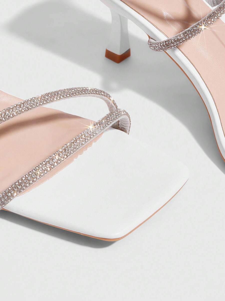 Square toe kitten heel sandals with sparkling rhinestone strap in light gold PU leather