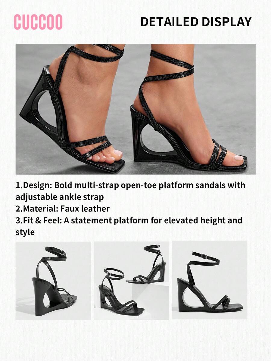 Women's open-toe platform wedge shoes featuring metallic decor and crisscross ankle strap with buckle closure.